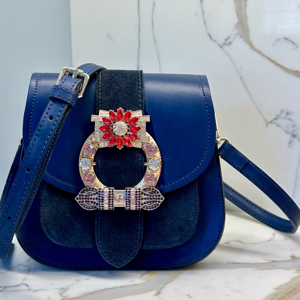 Italian blue leather, embellished detail saddle bag
